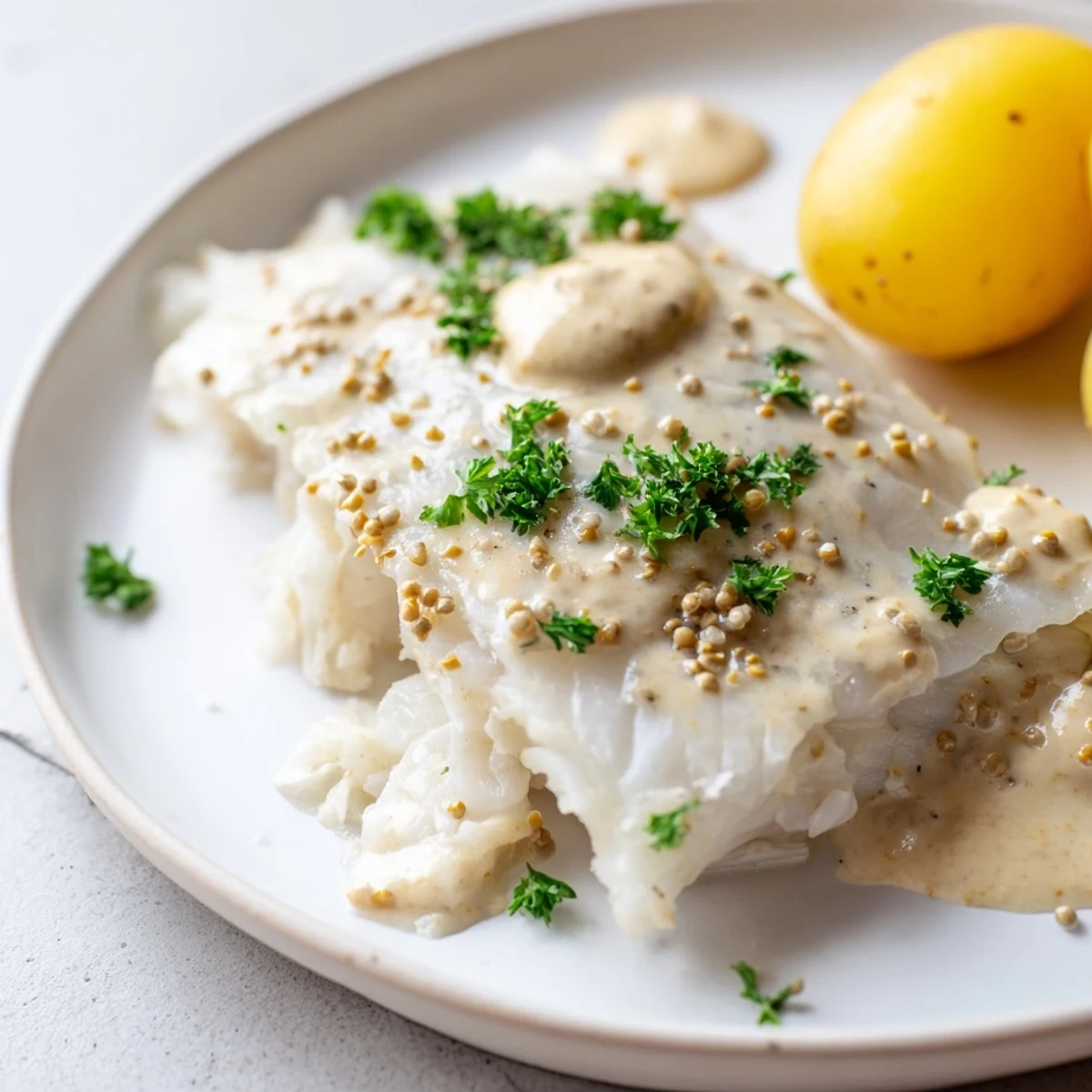 Flaky Norwegian Lutefisk, gently baked and topped with creamy mustard sauce, ready to serve.