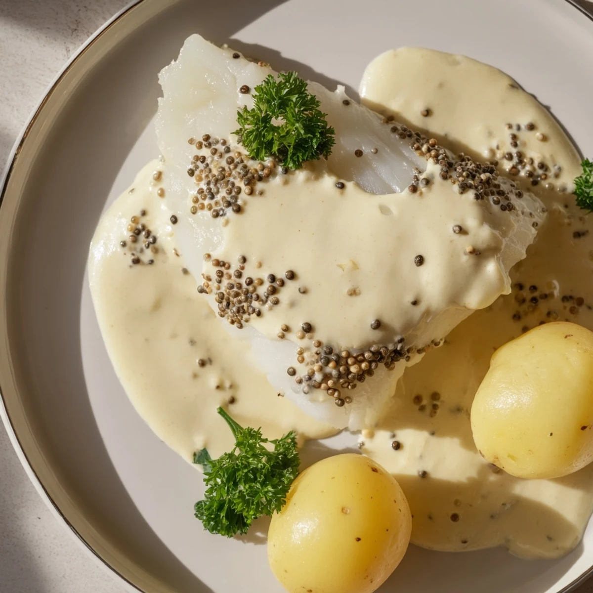 Tender pieces of Norwegian Lutefisk, served with boiled potatoes and a flavorful mustard sauce.