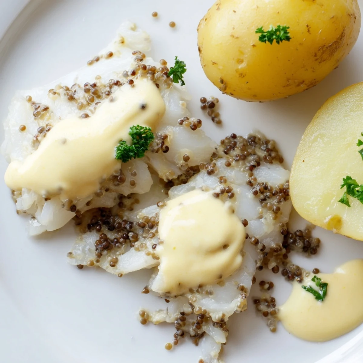 A close-up of Norwegian Lutefisk glistening under creamy mustard sauce, perfect for a cozy dinner.