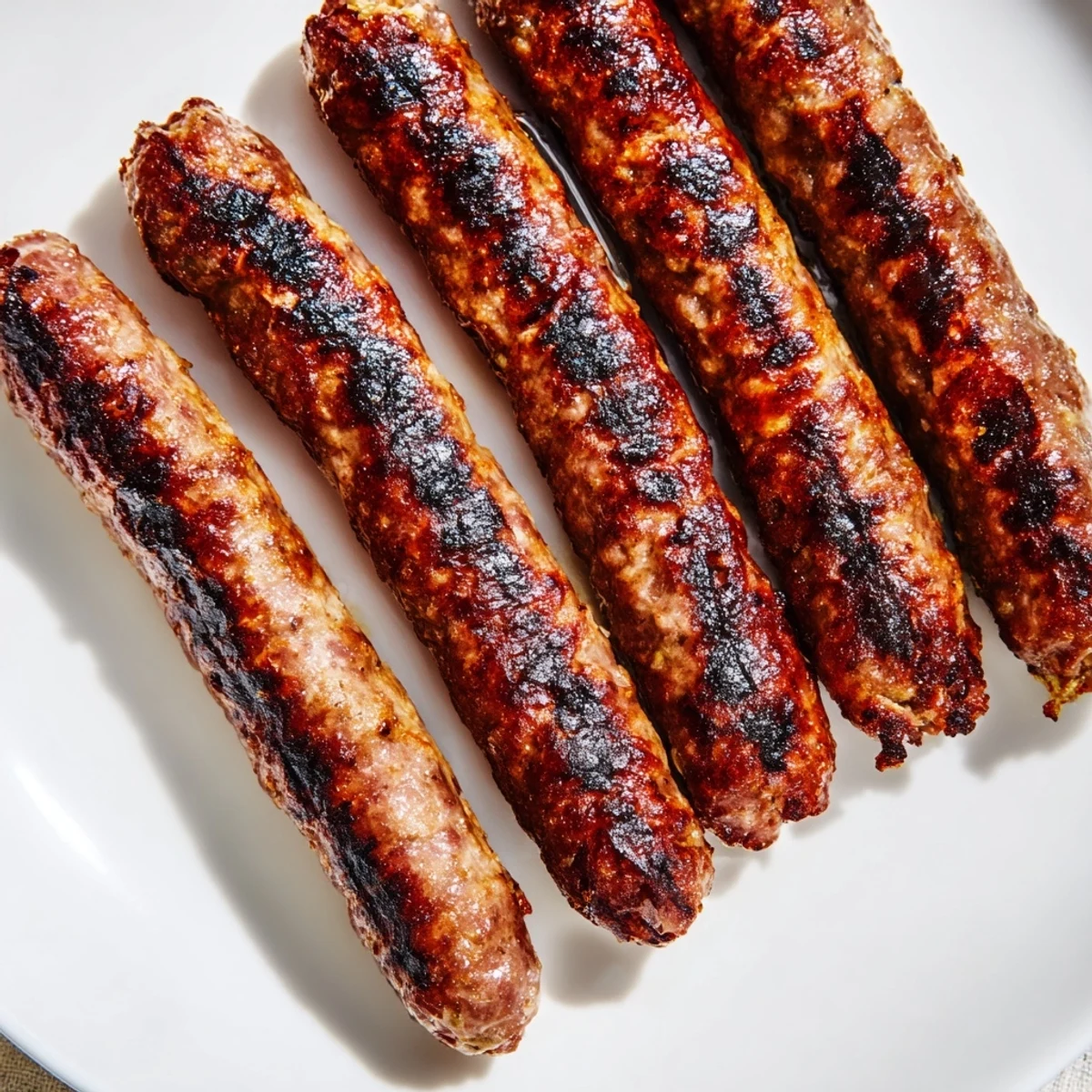 Golden-brown Romanian mici sausages sizzling on a grill, ready to be served hot.