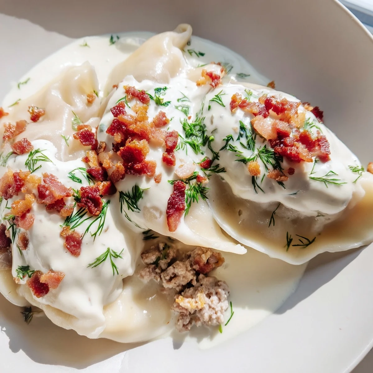 A close-up captures the texture of homemade Lithuanian Cepelinai, glistening with rich bacon and onion sauce.