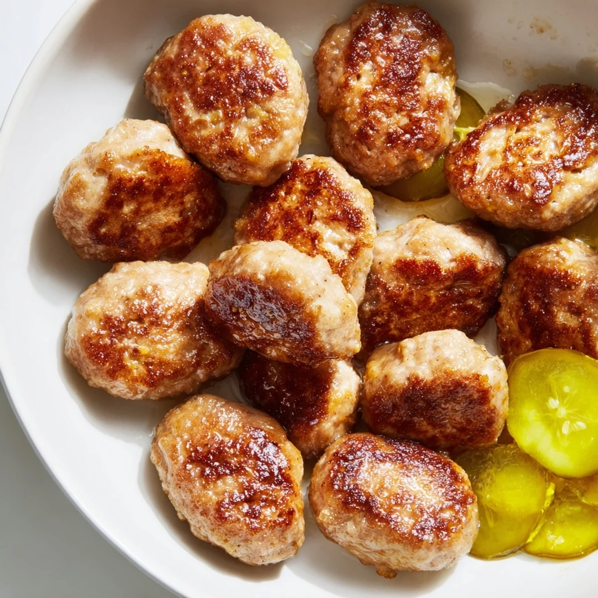 Golden, crispy Danish frikadeller, steaming hot and ready to be enjoyed with dill pickles.
