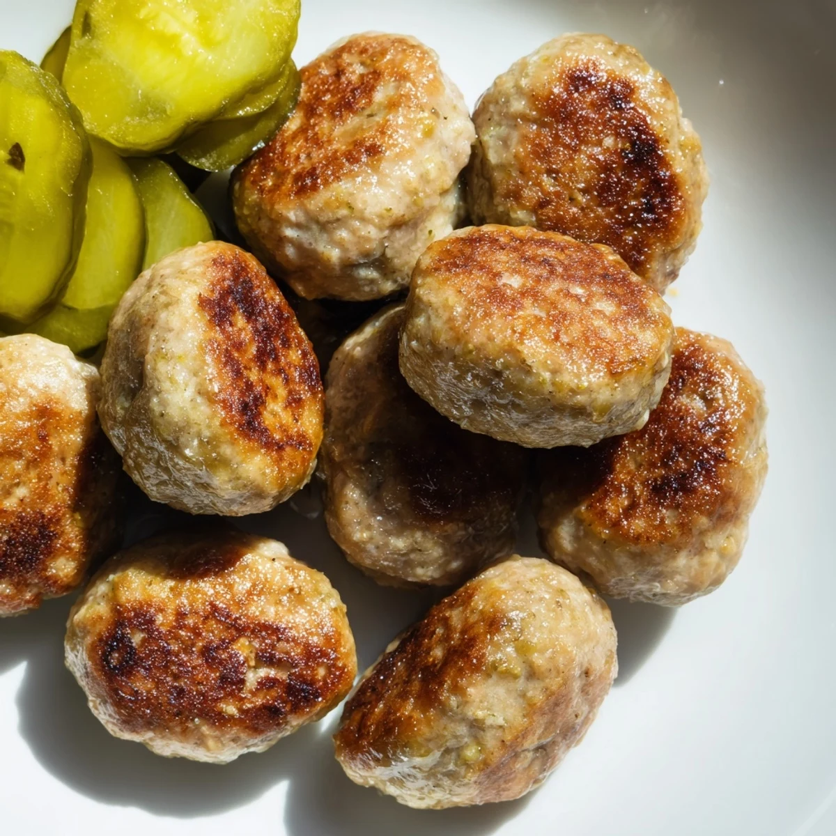Savory Danish frikadeller on a plate, alongside pickled cucumbers and inviting you for a delicious lunch.