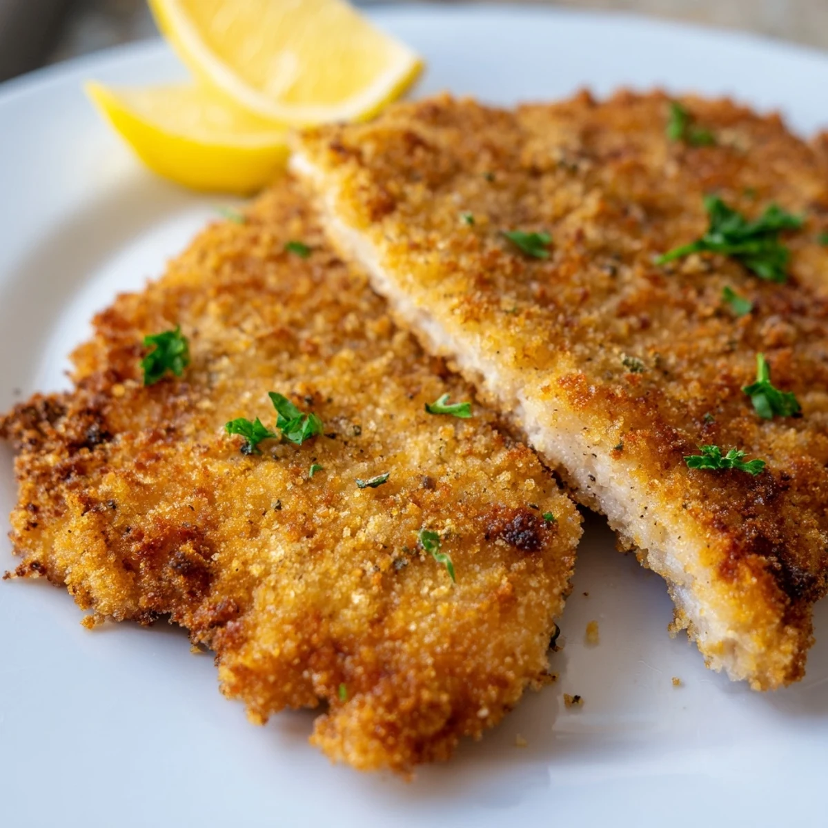 Golden, crispy German Schnitzel cutlet ready to be enjoyed with a squeeze of fresh lemon and sides.
