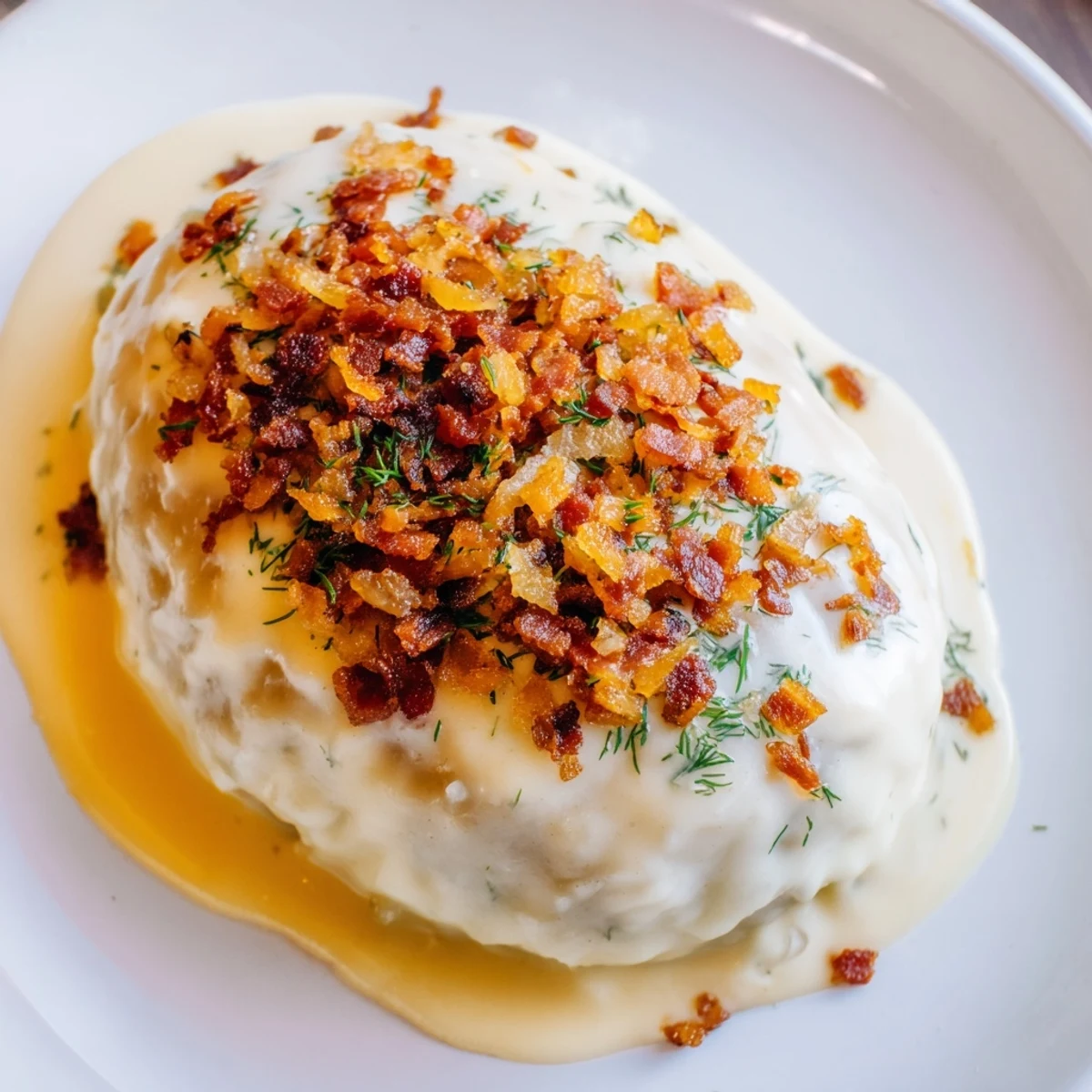 Steaming Lithuanian Cepelinai dumplings, perfectly oval, resting in a pool of rich, savory sour cream.