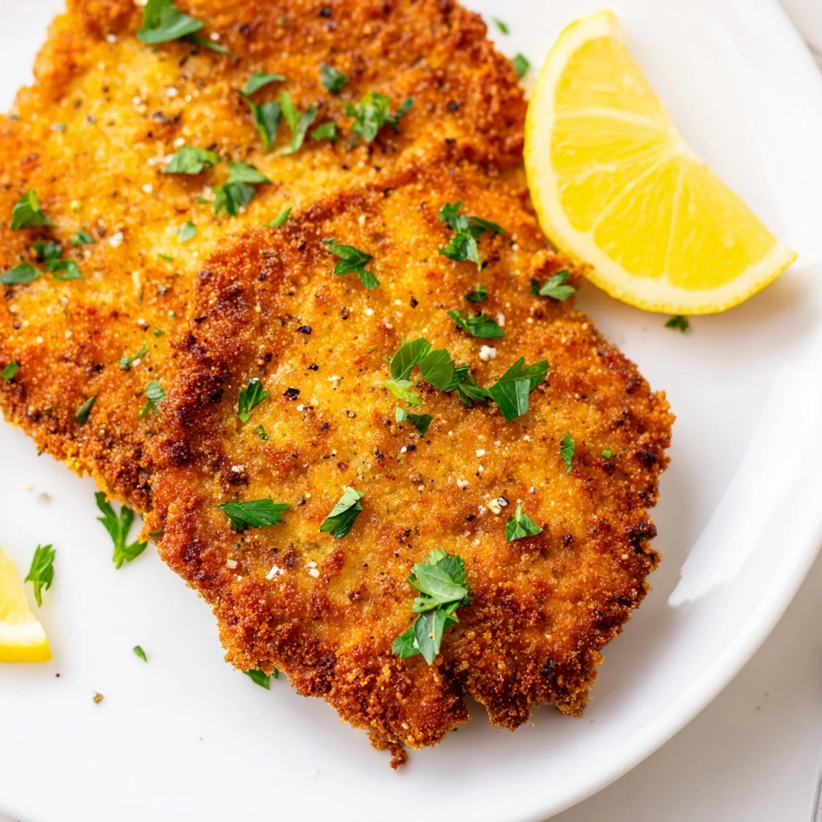Golden-brown German schnitzel cutlets, crispy from pan-frying, ready to be served with lemon wedges.