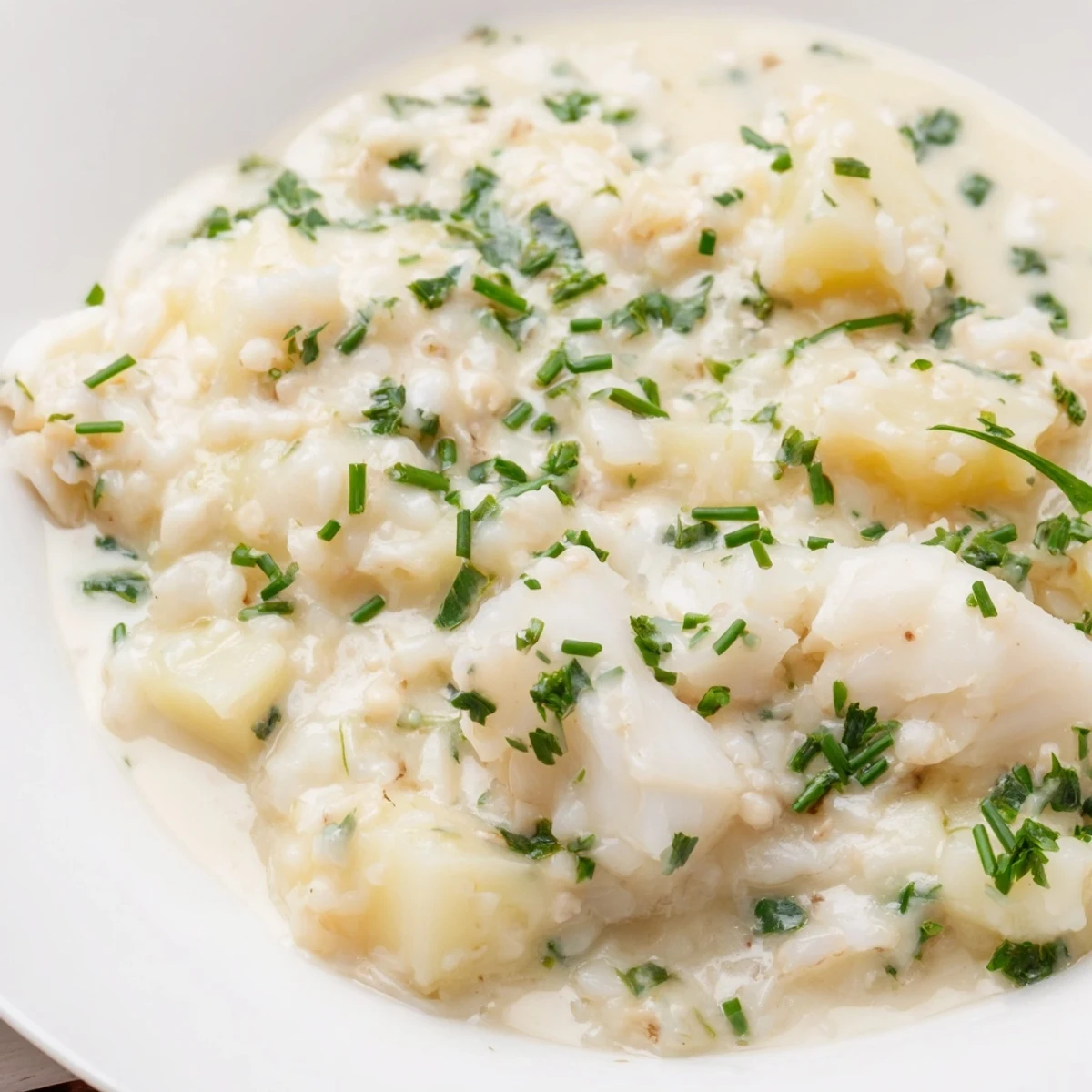 Creamy Icelandic Fish Stew, filled with tender fish, is garnished with fresh green herbs.