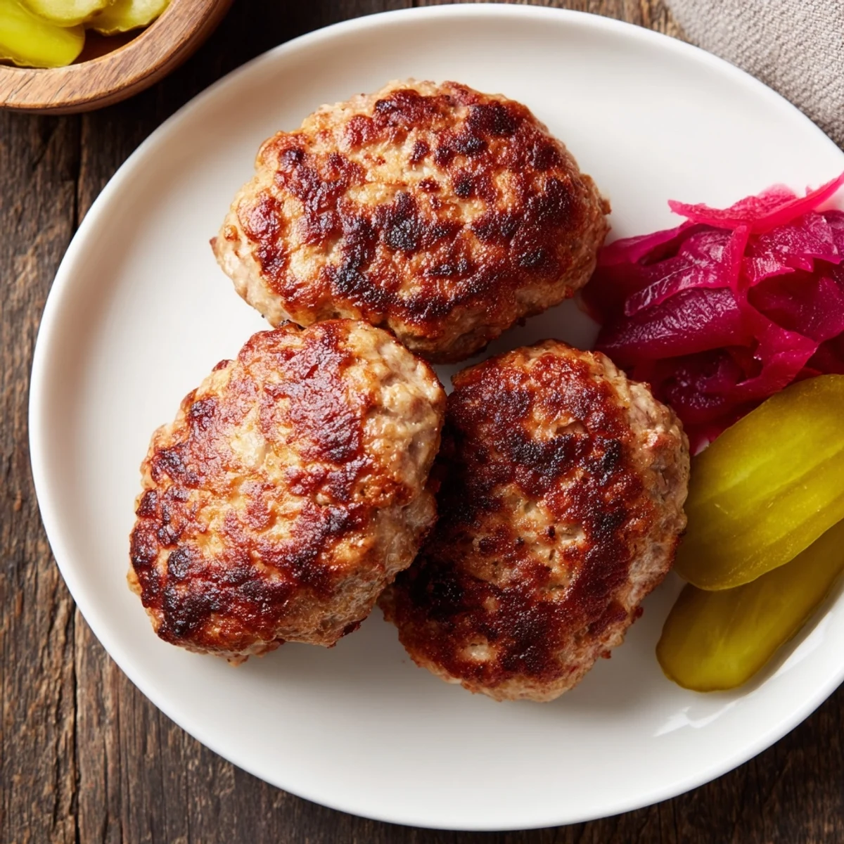 Golden-brown Danish frikadeller meatballs sizzling in a pan, ready for serving with pickles.