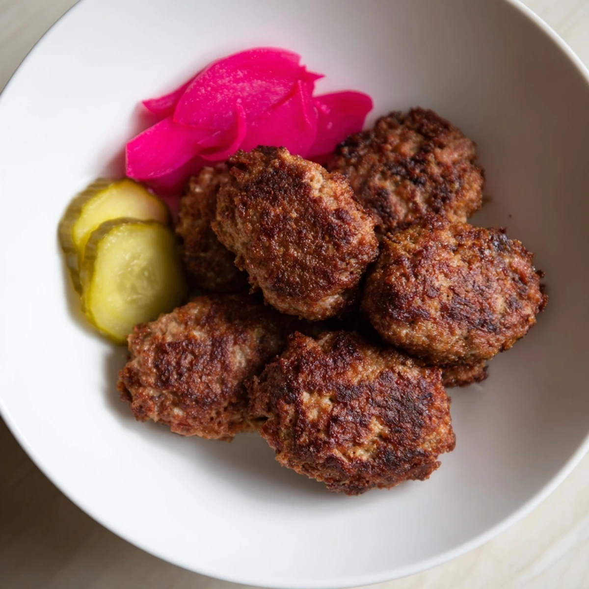 Juicy, pan-fried Danish frikadeller; imagine the tender, spiced pork balls with a crispy exterior.