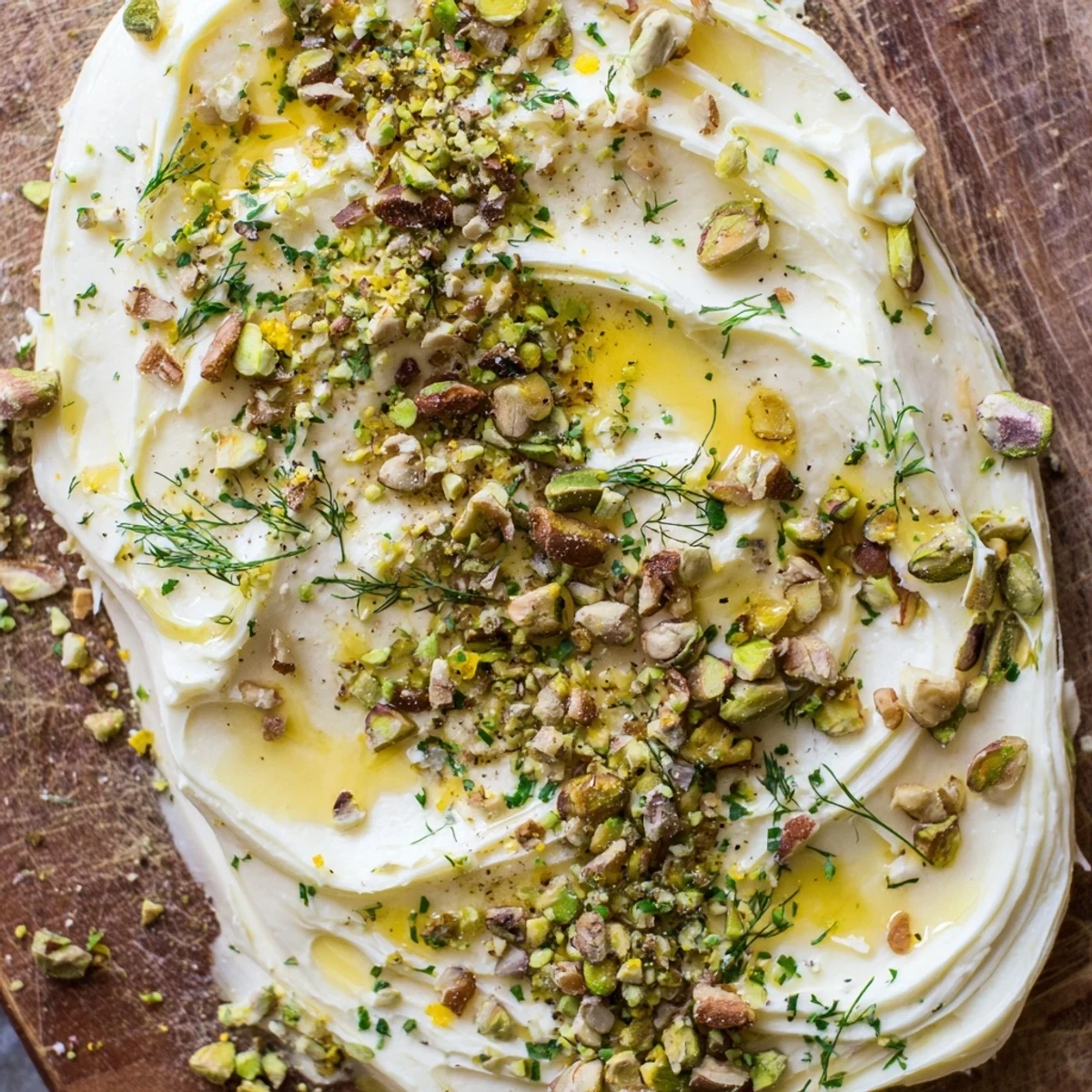 Creamy, room-temperature butter spread on a wooden board topped with chopped nuts, fresh herbs, and a honey drizzle for an easy Flavored Butter Board Charcuterie appetizer.