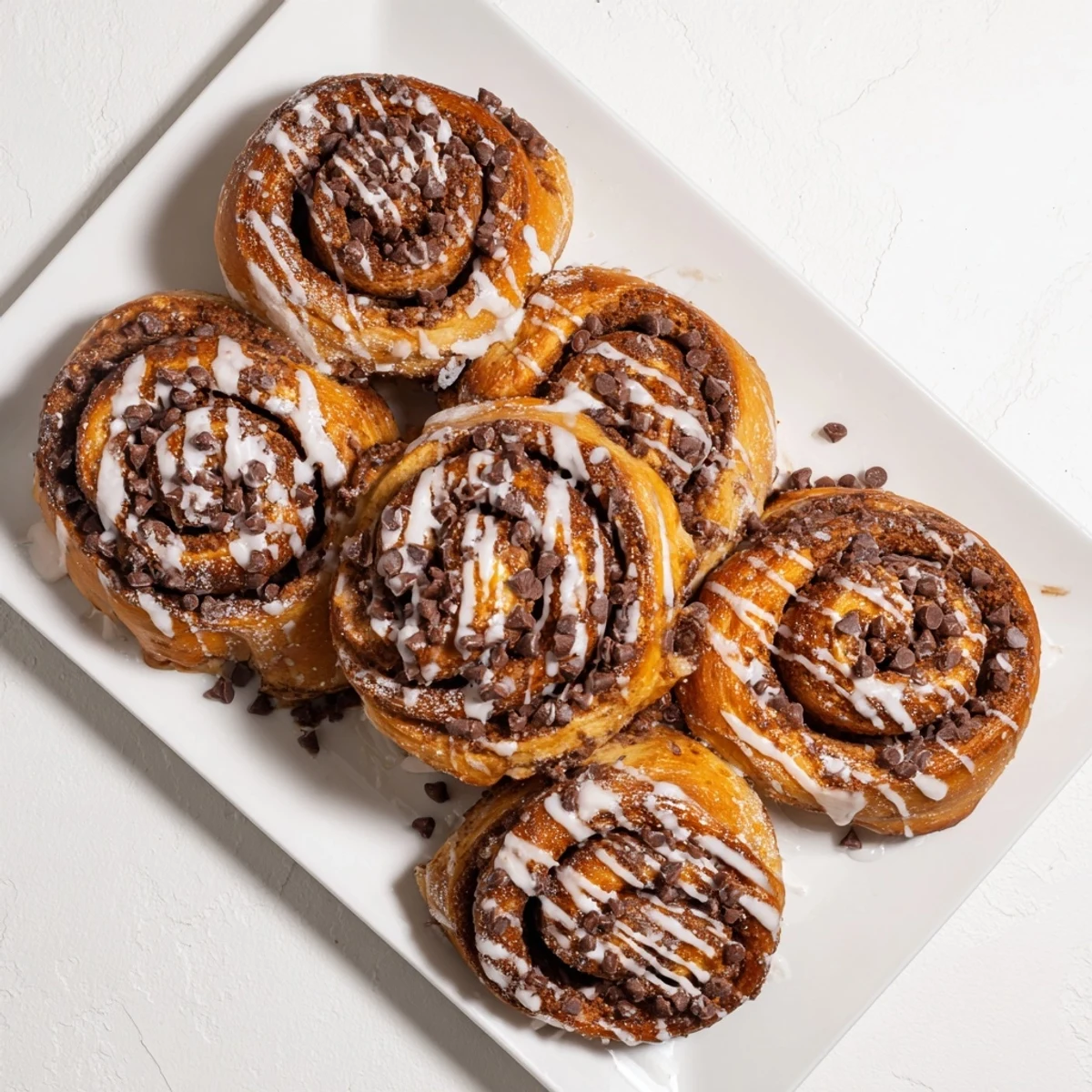 A serving platter displays golden-brown Nutella Chocolate Chip Rolls drizzled with a white glaze, ready to be enjoyed with a hot cup of coffee.