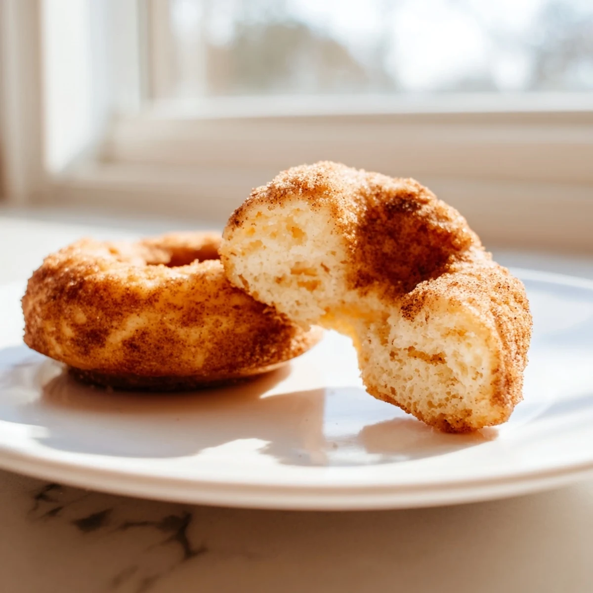Golden-brown Air Fryer Cinnamon Sugar Donuts rest on a white plate, their glossy cinnamon-sugar coating shimmering under warm kitchen light.