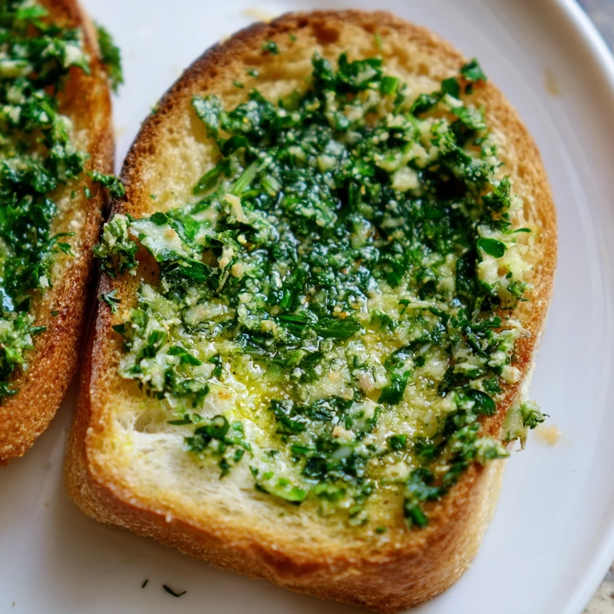 Golden, crusty Herb Butter Toast slices glistening with melted compound butter and a sprinkle of flaky sea salt.