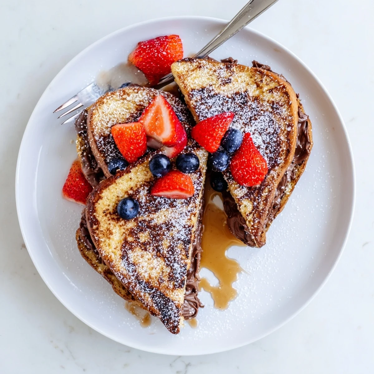 Decadent Nutella Brioche French Toast served warm with a drizzle of maple syrup.