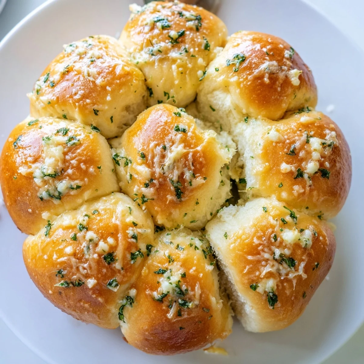 Golden Garlic Butter Bread Pull-Apart rolls arranged in a round pan, brushed with herby garlic butter and baked until soft and aromatic.