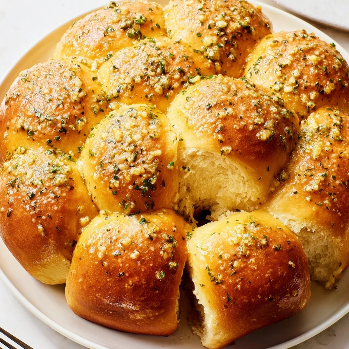 Soft, shareable Garlic Butter Bread Pull-Apart rolls glistening with melted butter and flecked with parsley, ready for a family gathering.