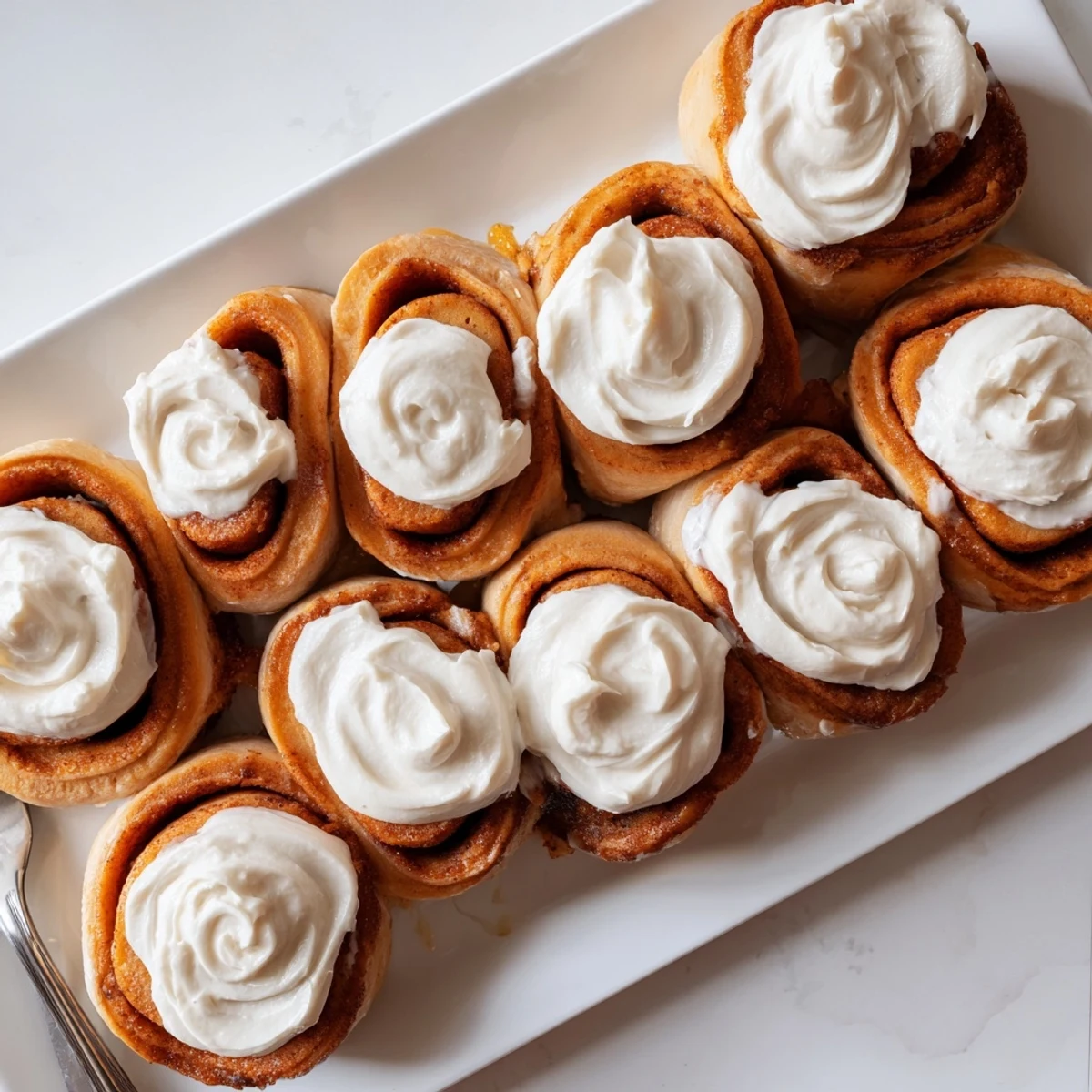Freshly baked Pumpkin Cinnamon Rolls topped with cream cheese frosting, stacked on a rustic wooden board.