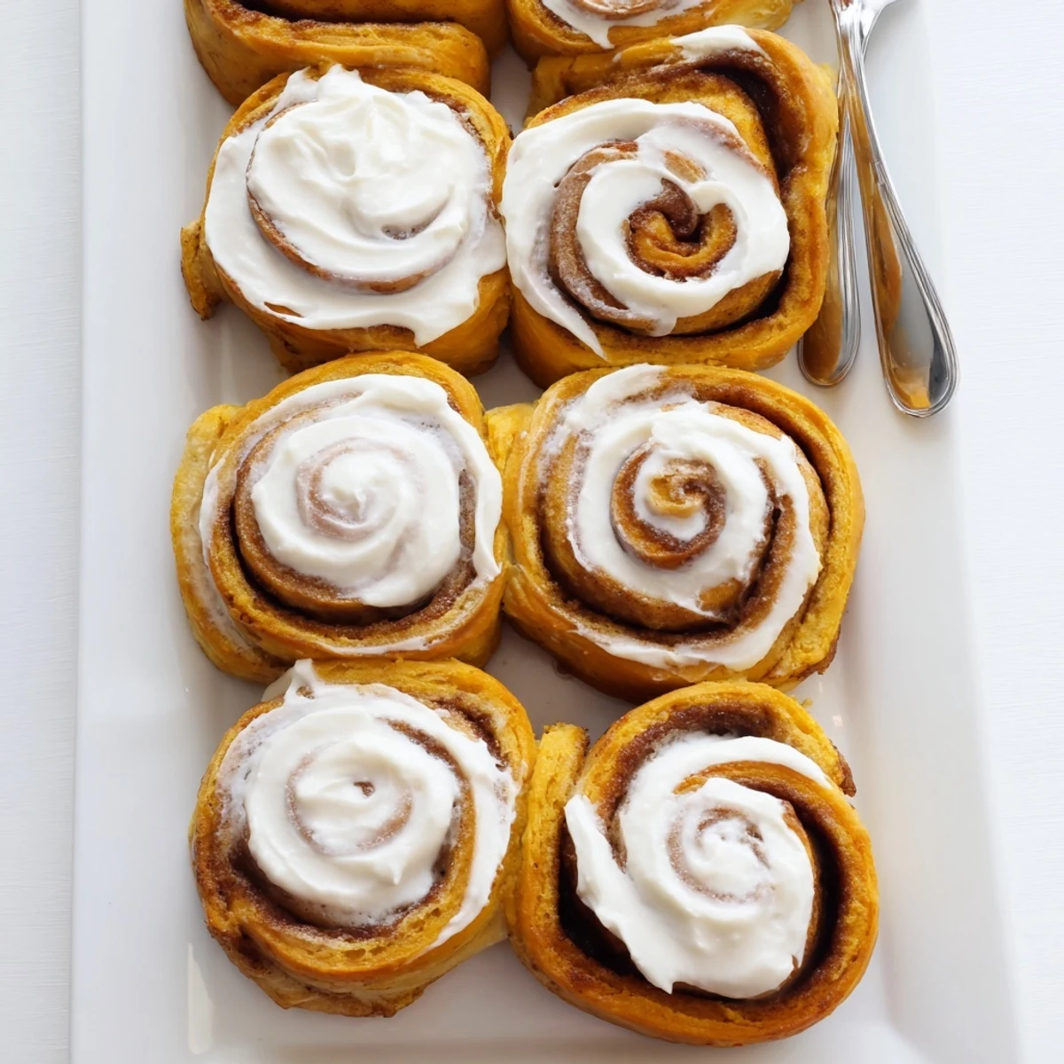 Warm Pumpkin Cinnamon Rolls with swirls of cinnamon sugar filling and rich cream cheese glaze.