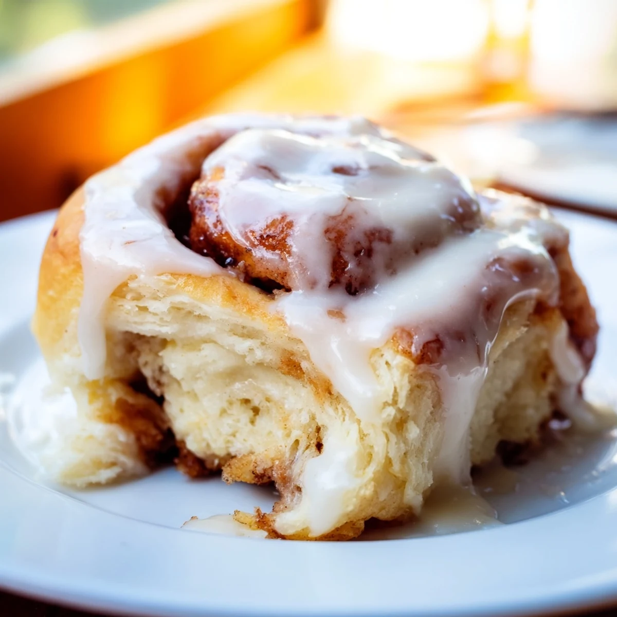 A close-up view of Pillow Soft Cinnamon Rolls drizzled with rich vanilla glaze, perfect for a cozy weekend breakfast or brunch.