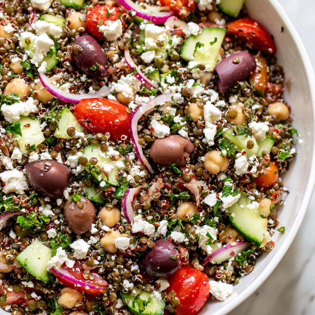 A close-up of Greek Power Salad shows crumbled feta, Kalamata olives, and a zesty vinaigrette glistening on the vegetables.
