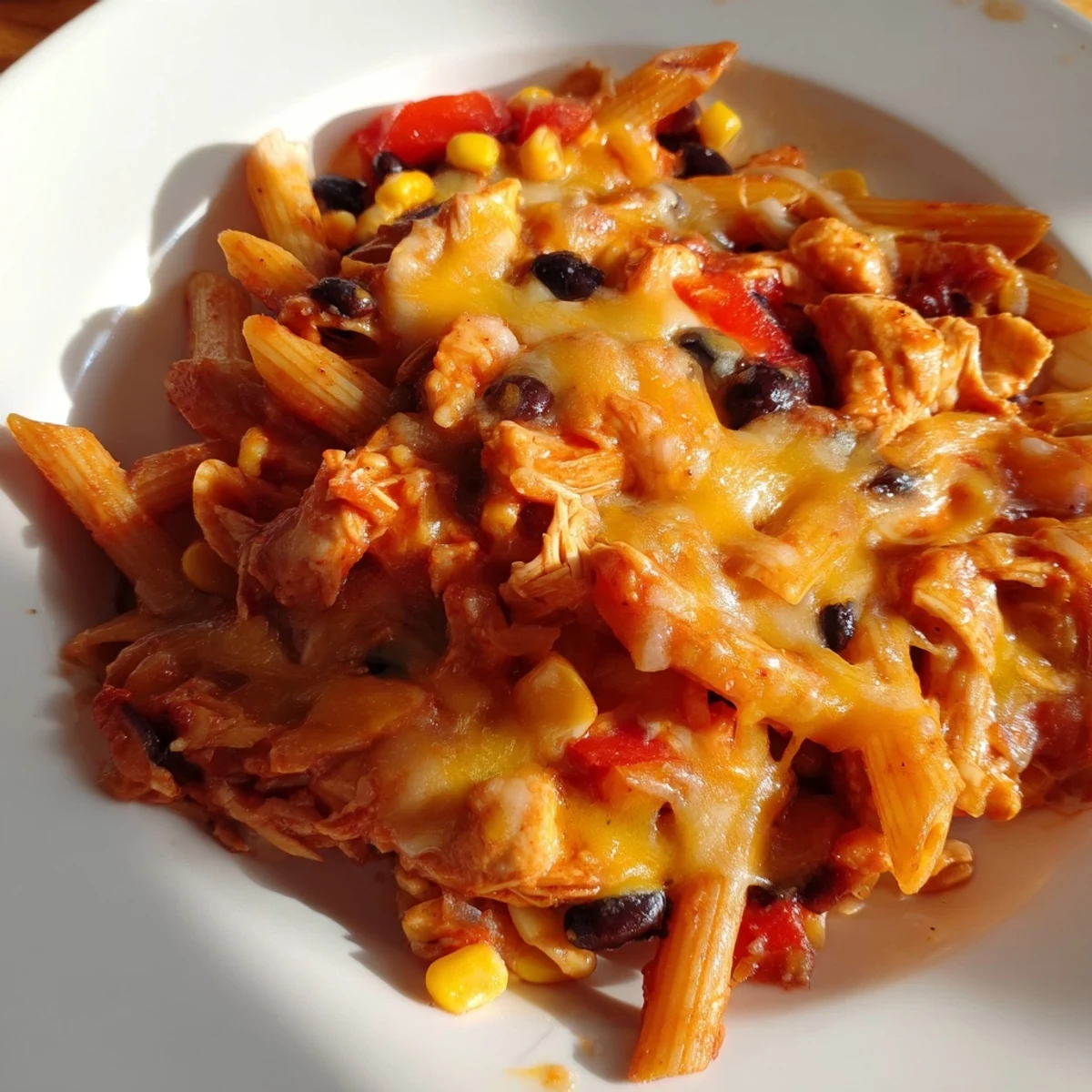 Weeknight dinner plate of Chicken Enchilada Pasta, featuring shredded chicken and Monterey Jack cheese.