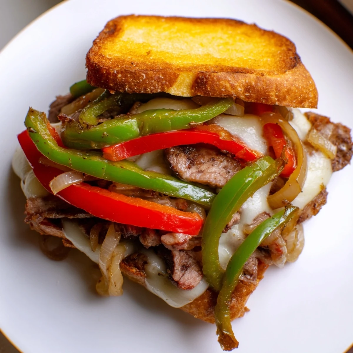 Golden, buttery sourdough slices encase melted provolone, sautéed peppers, onions, and juicy ribeye steak strips in this Philly Cheesesteak Grilled Cheese.