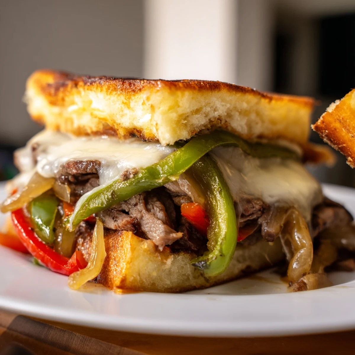 Stacked on a wooden board, the sandwich reveals layers of tender steak, caramelized onions, and peppers inside the Philly Cheesesteak Grilled Cheese.