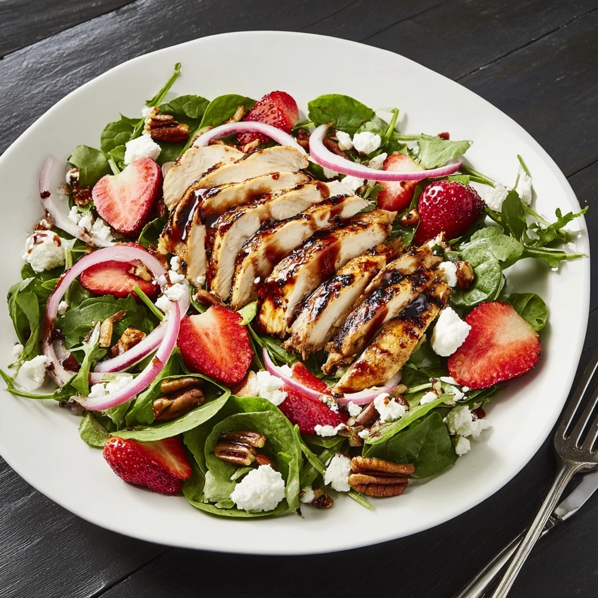A vibrant close-up of Honey Balsamic Chicken Salad featuring juicy grilled chicken slices and fresh strawberries on mixed greens.