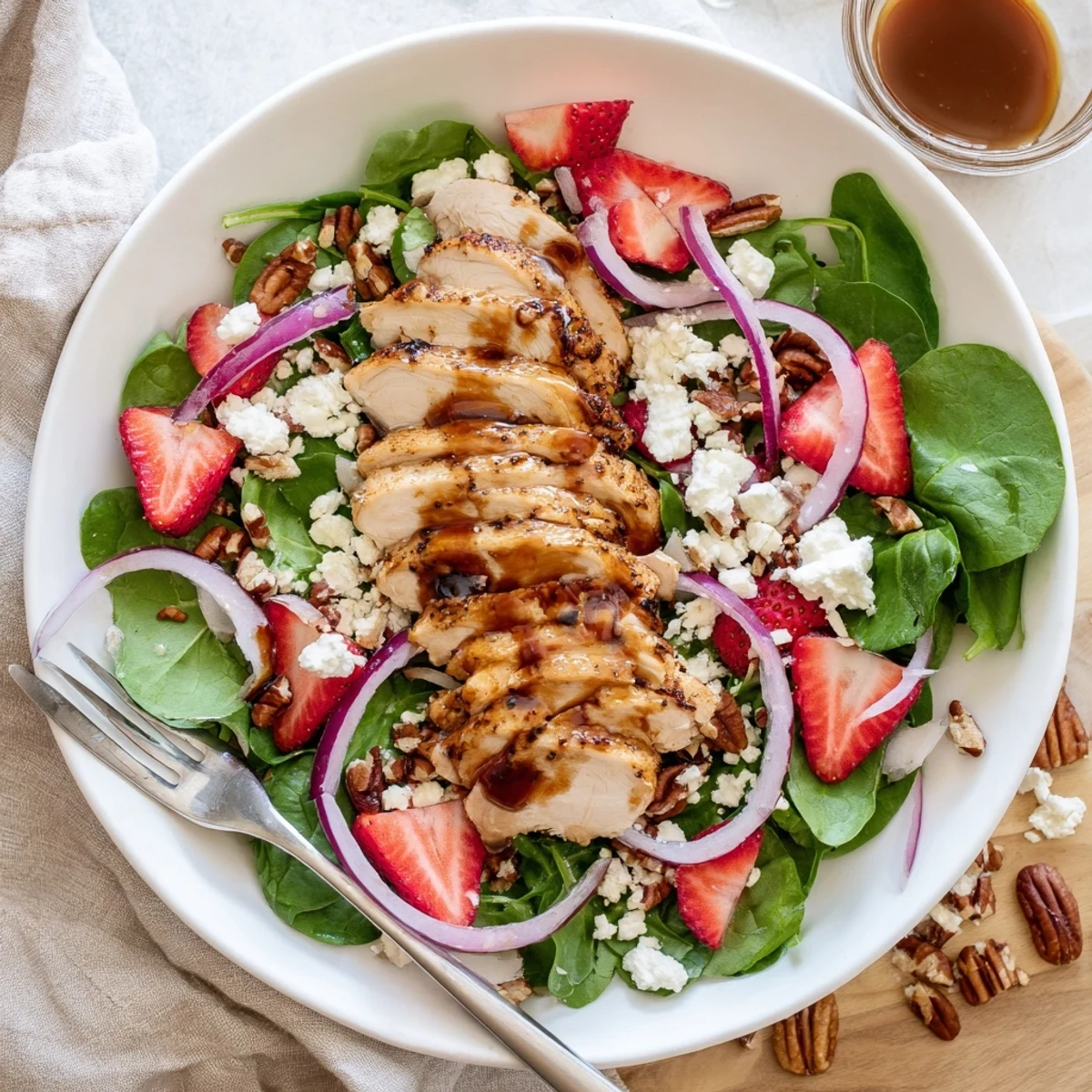 Luscious Honey Balsamic Chicken Salad plated with creamy goat cheese crumbles, red onion, and a sweet glaze drizzle.