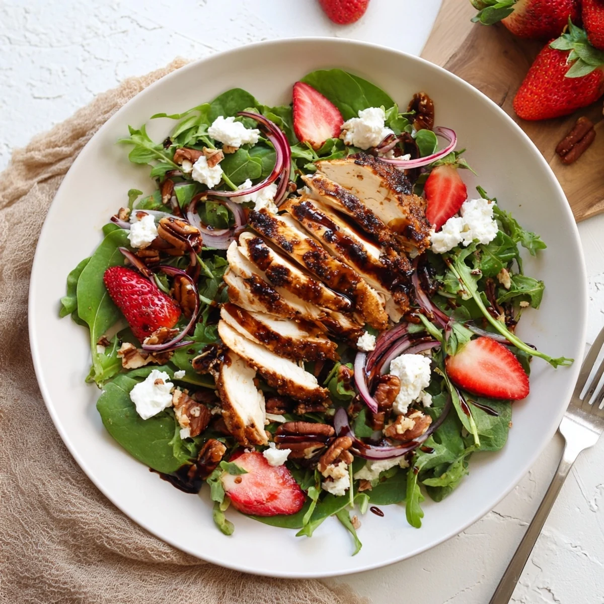 Elegant Honey Balsamic Chicken Salad topped with toasted pecans and glazed chicken, served as a perfect light lunch.