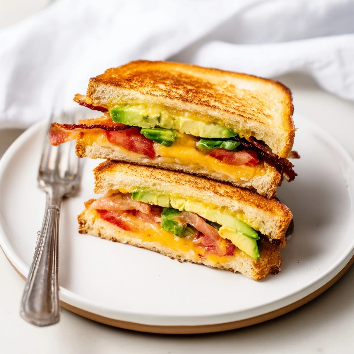 Hearty Avocado BLT Grilled Cheese sandwich with buttery bread, gooey cheese, smoky bacon, and vibrant tomato and avocado slices.  