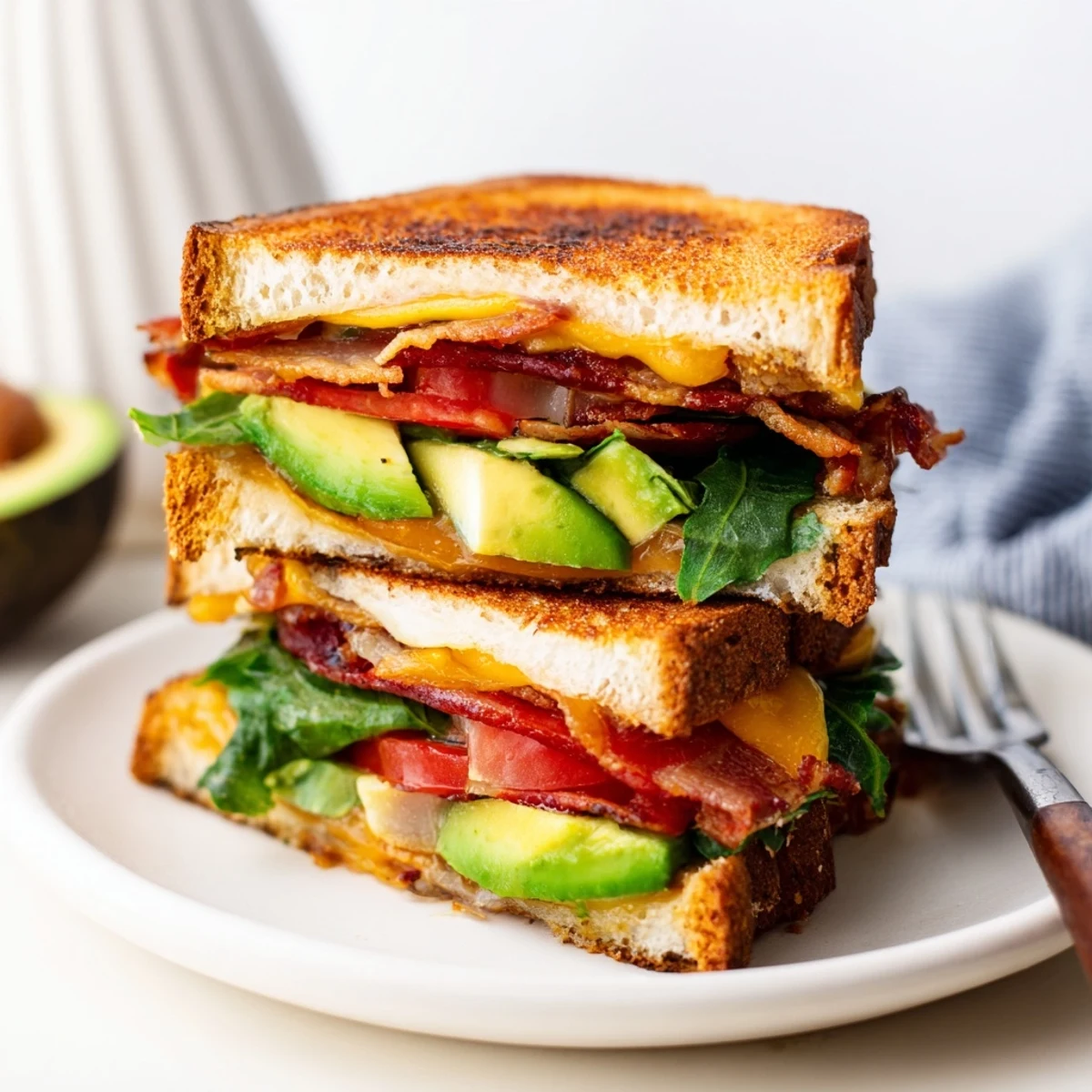 A golden-brown Avocado BLT Grilled Cheese oozing melted cheese, with crunchy bacon, creamy avocado, and fresh lettuce on toasted bread.