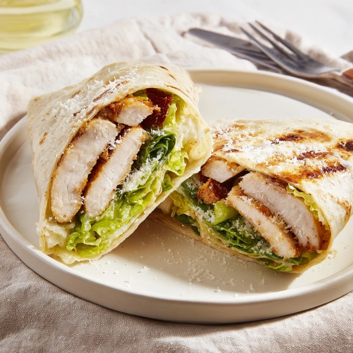 Golden brown grilled chicken slices rest atop crisp romaine lettuce tossed with creamy Caesar dressing and parmesan in a soft flour tortilla wrap.  