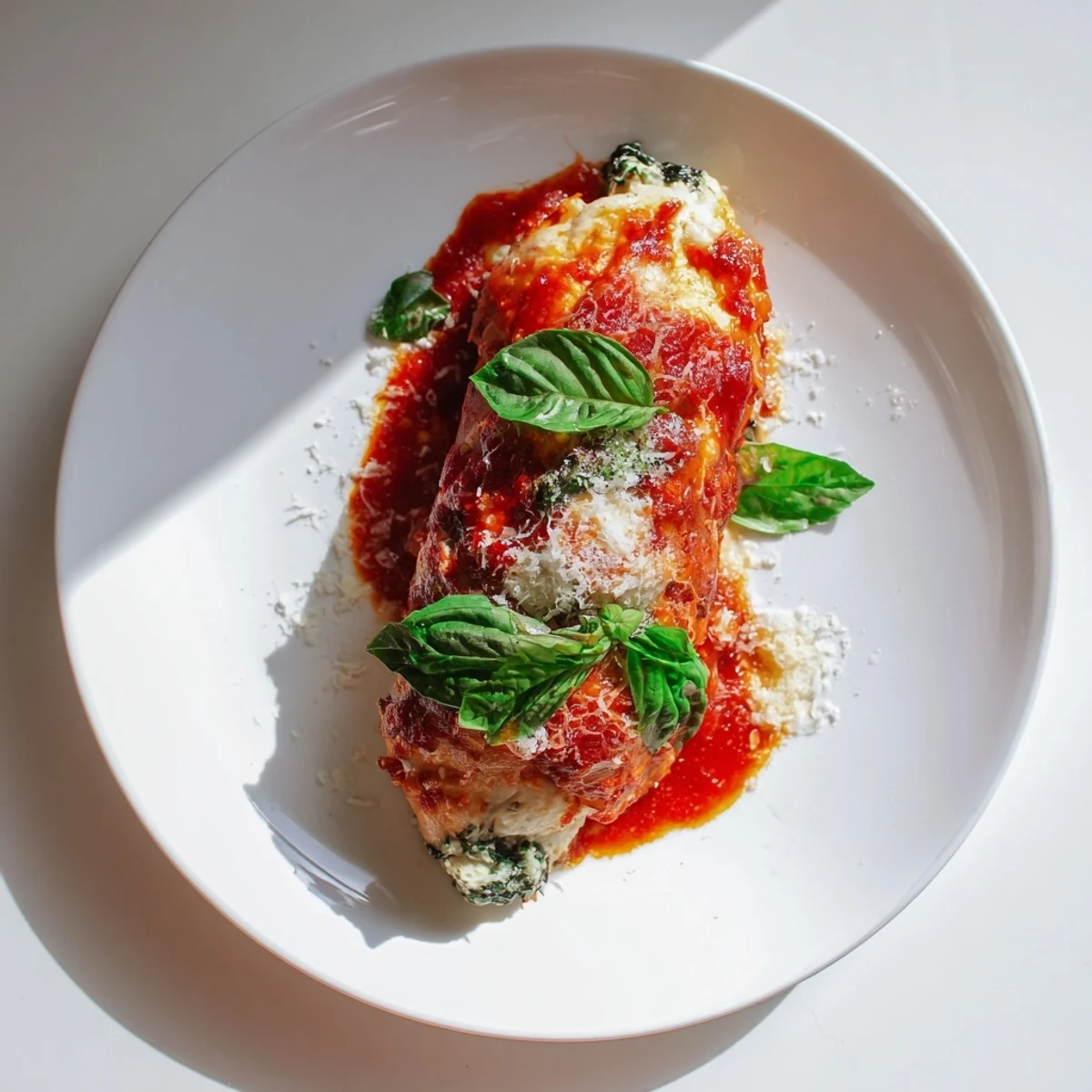 Four golden-baked Spinach Ricotta Stuffed Chicken breasts in rich tomato sauce, garnished with fresh basil.