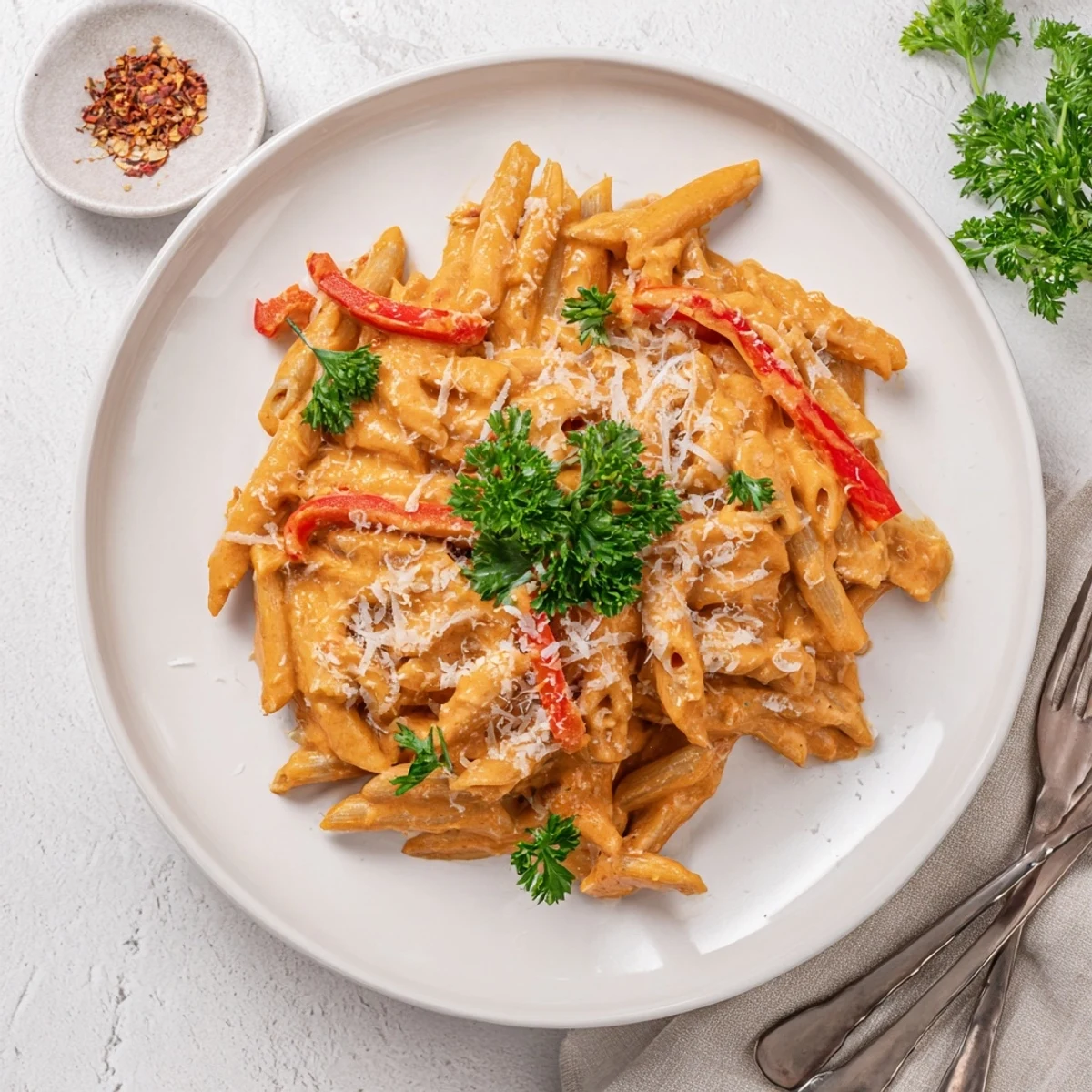 A skillet of Creamy Cajun Pasta features fettuccine tossed with smoky paprika-spiced cream, sautéed onions, garlic, and sweet roasted bell peppers.  