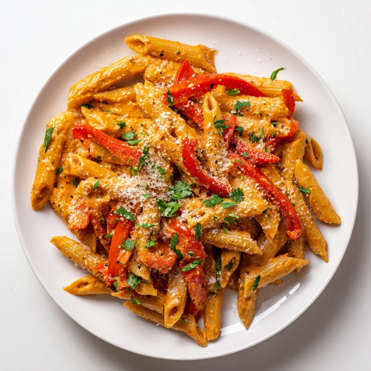 Close-up of Creamy Cajun Pasta, the penne glistening with a velvety Cajun cream sauce, topped with fresh parsley and grated Parmesan.