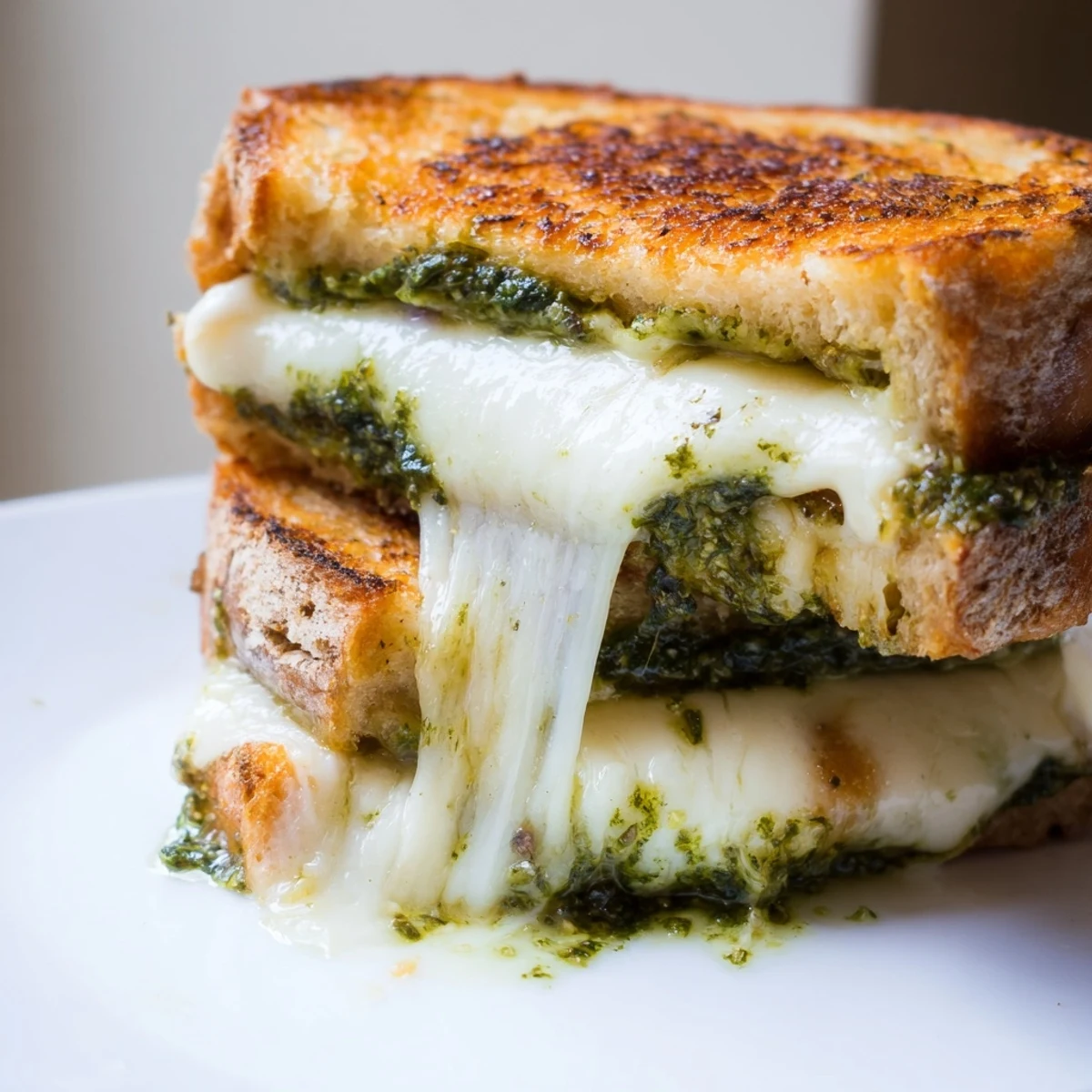Golden sourdough pesto grilled cheese slices on a wooden board, melty cheese oozing from between crispy, buttery bread.  