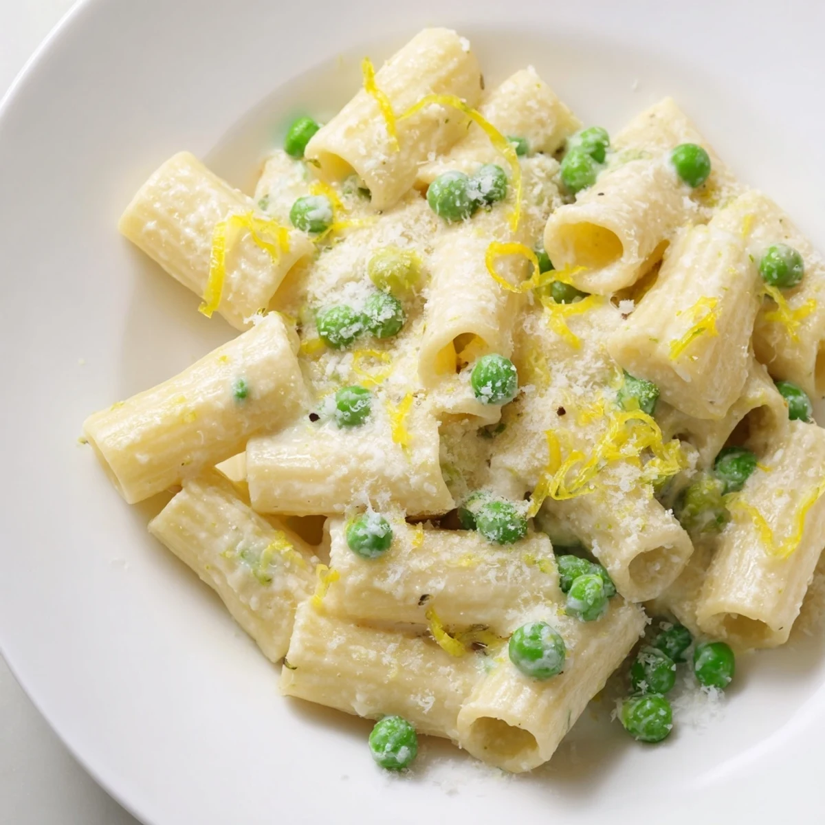 Creamy ricotta and bright lemon zest coat al dente rigatoni and sweet green peas in this Pea & Lemon Ricotta Pasta.