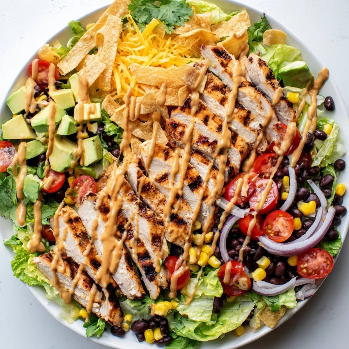 A vibrant Honey Lime Chicken Taco Salad with grilled chicken slices atop crisp romaine, corn, black beans, and diced avocado.