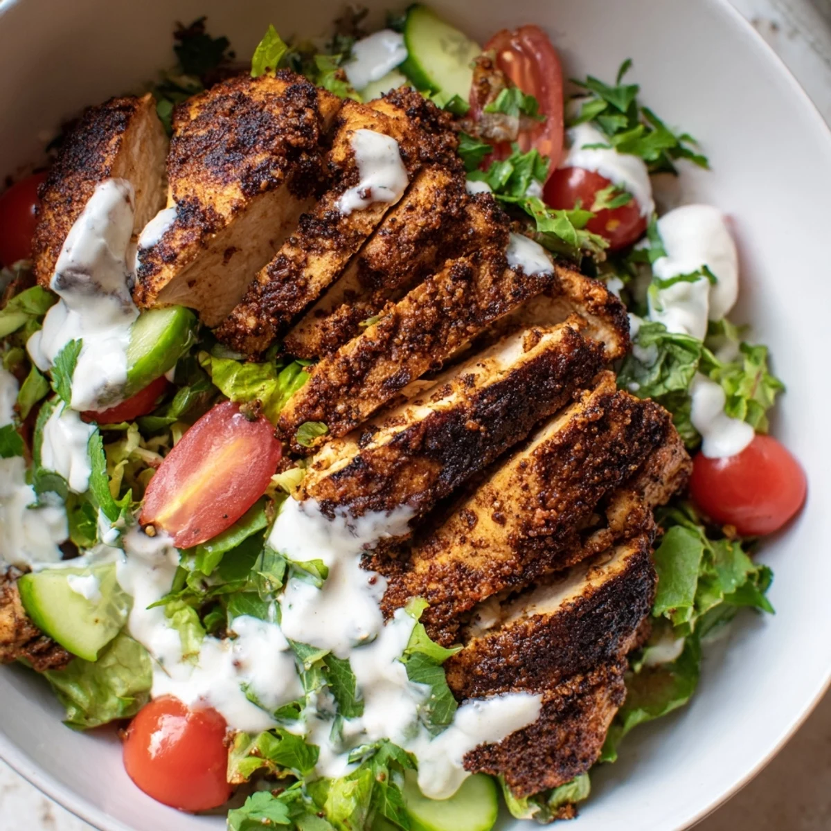 A close-up of the Chicken Shawarma Salad Bowl shows juicy, sliced chicken, fresh herbs, and a generous swirl of tangy yogurt garlic sauce over crisp vegetables.  