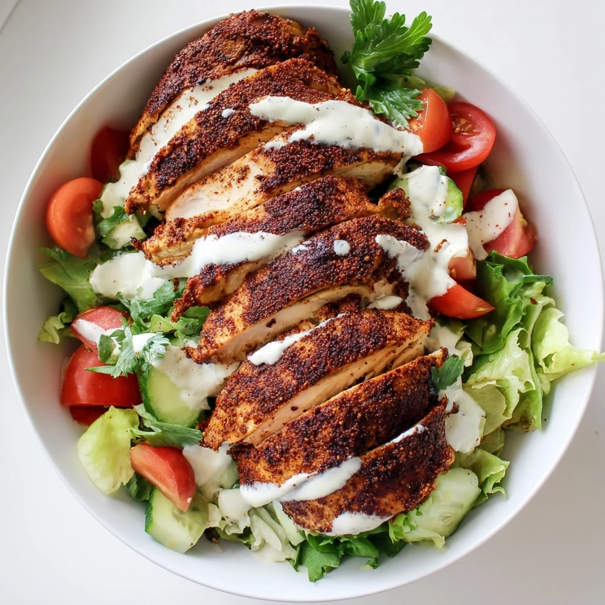 A fork lifts a bite of the Chicken Shawarma Salad Bowl, featuring marinated chicken, cucumbers, and tomatoes from the colorful, healthy Middle Eastern-inspired meal.