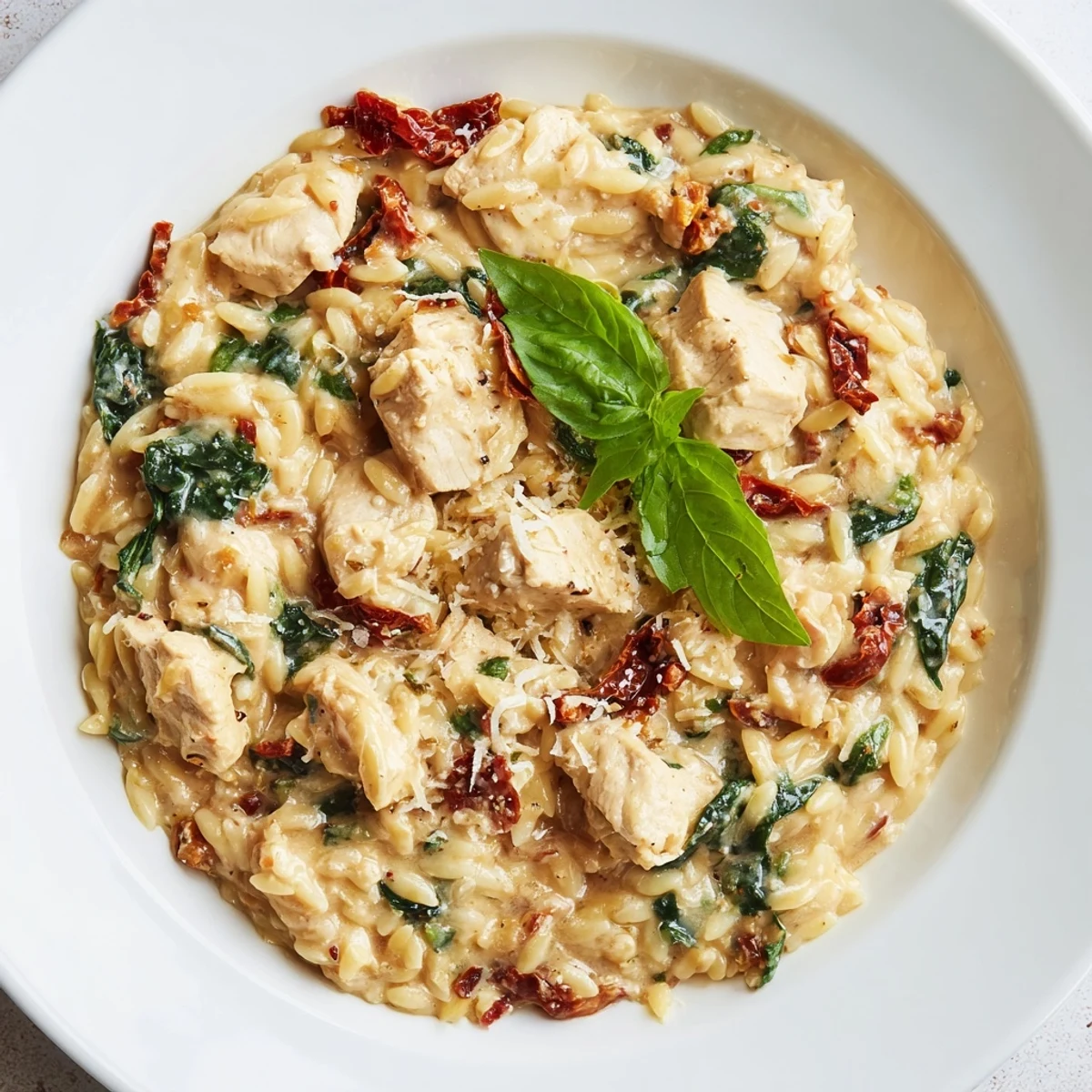 Creamy Tuscan Chicken Orzo with tender chicken, sun-dried tomatoes, and wilted spinach served in a skillet.  