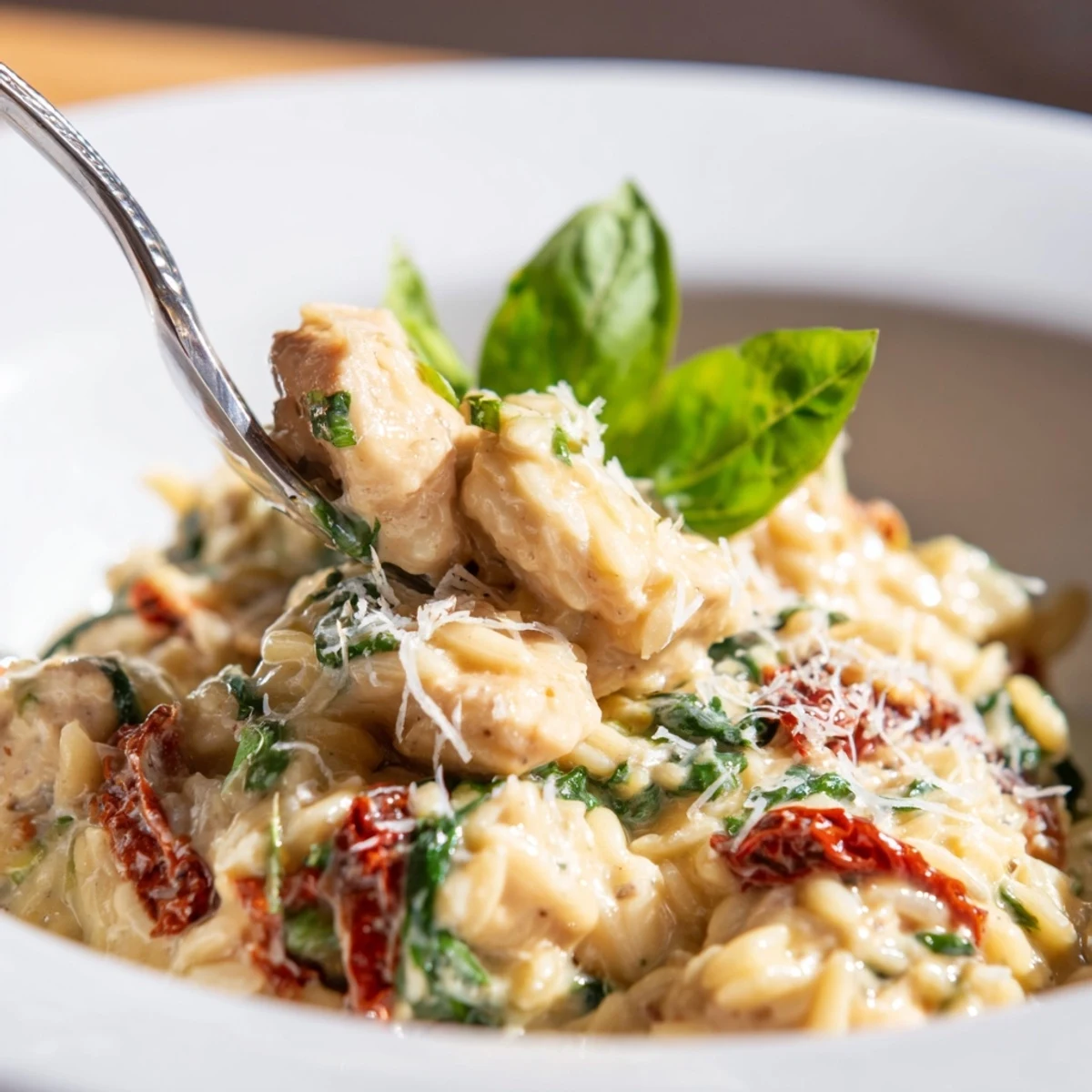 A close-up of Tuscan Chicken Orzo topped with fresh basil and grated Parmesan, ready to be enjoyed.