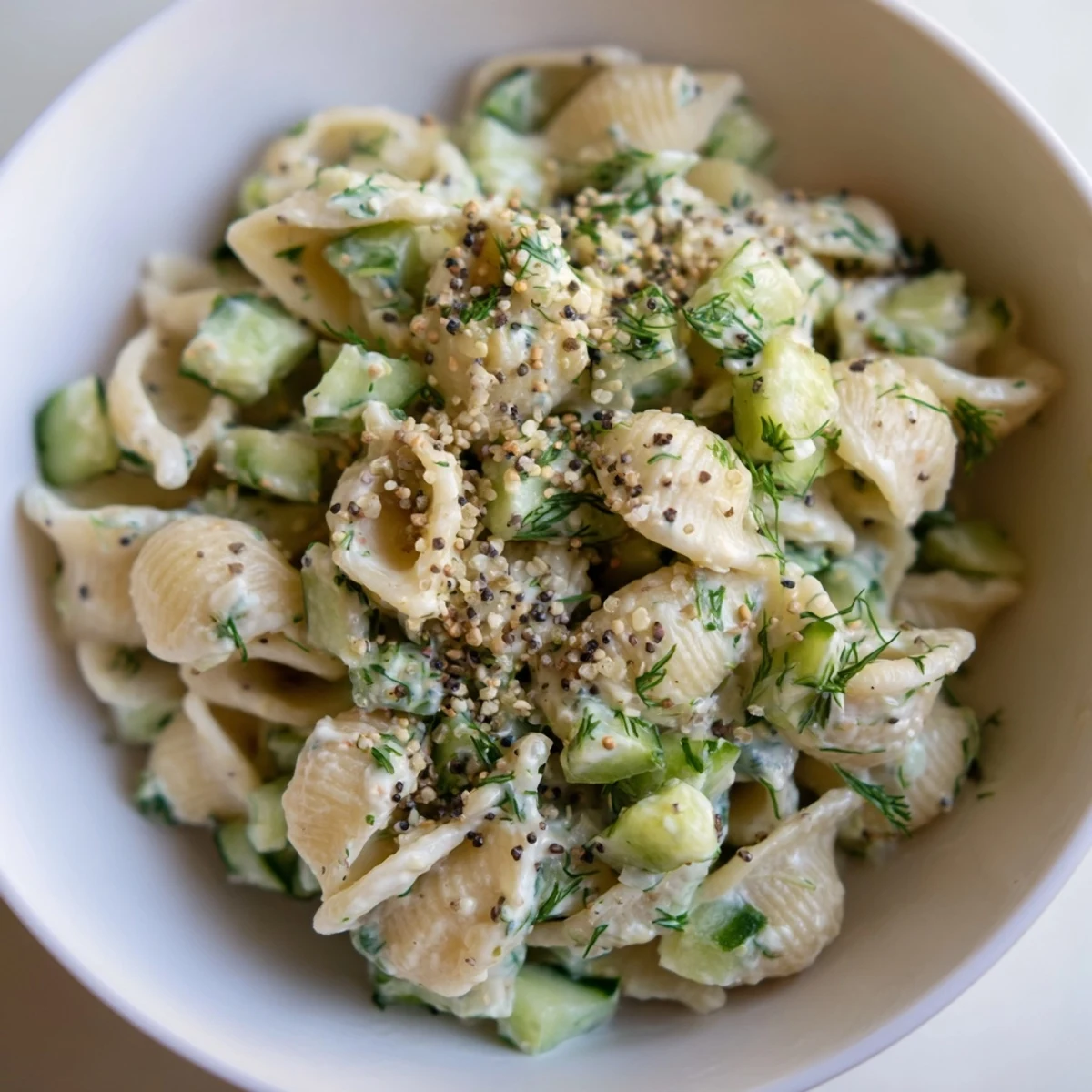 A close-up view of Cucumber Crunch Pasta Salad with everything bagel seasoning, green onions, and a sprinkle of herbs for summer picnics.  