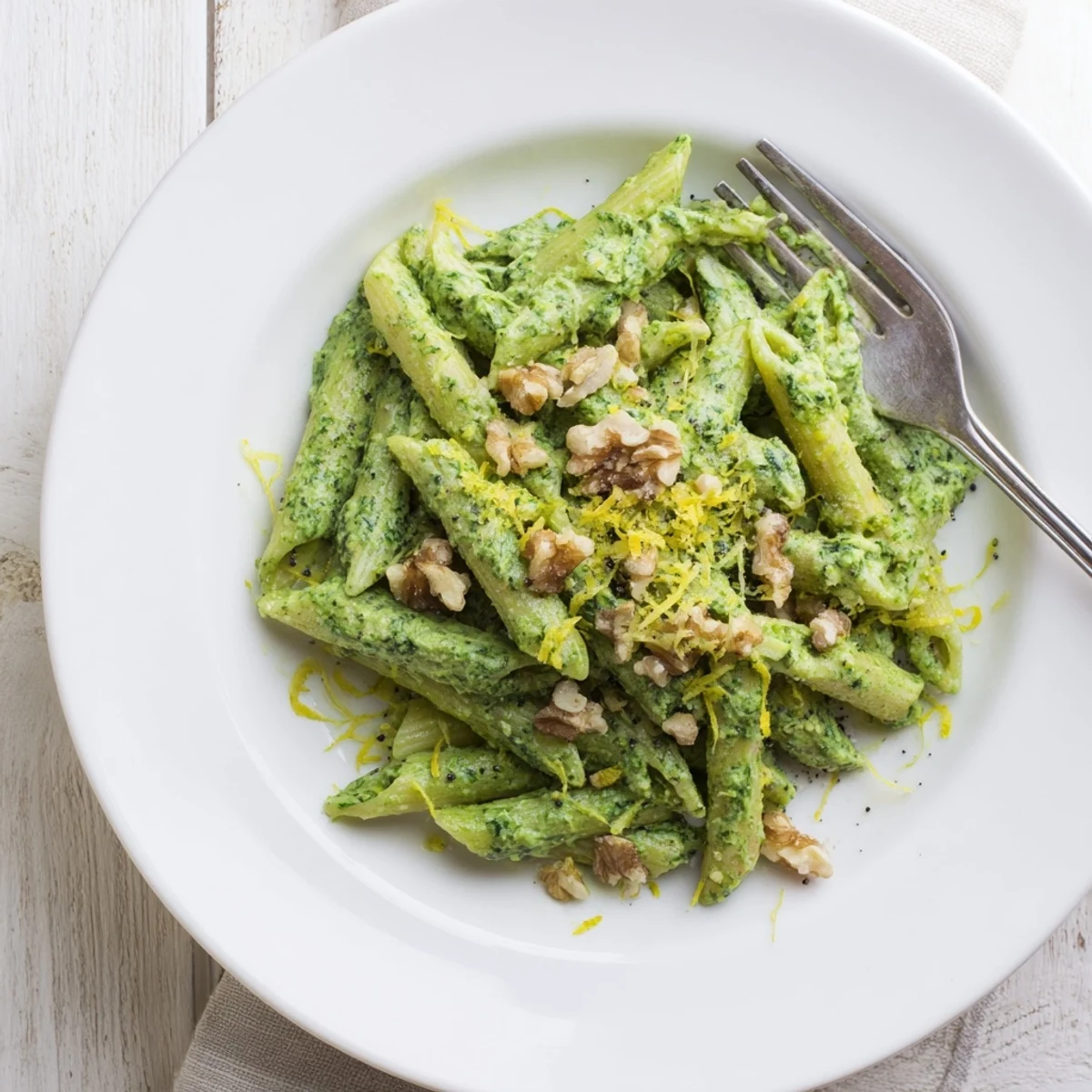 Creamy Spinach Walnut Pasta in a white bowl with a vibrant green sauce, garnished with toasted walnut pieces and a sprinkle of lemon zest.
