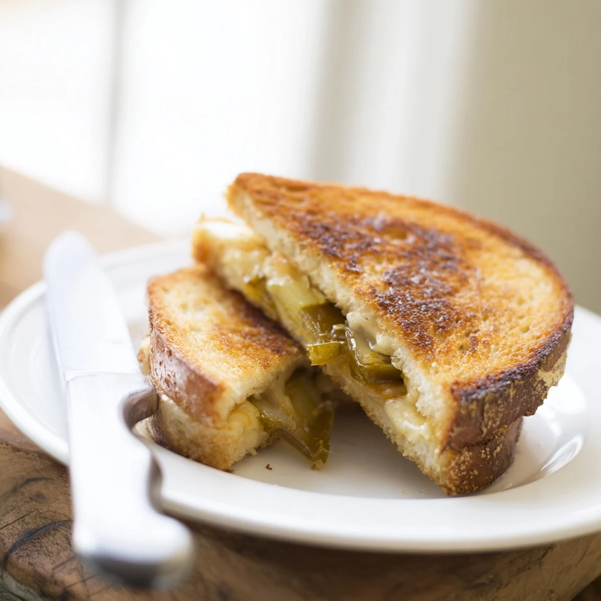 Sizzling Jalapeño Pepper Jack Grilled Cheese cooking in a buttered skillet, with bubbly edges and steam rising.