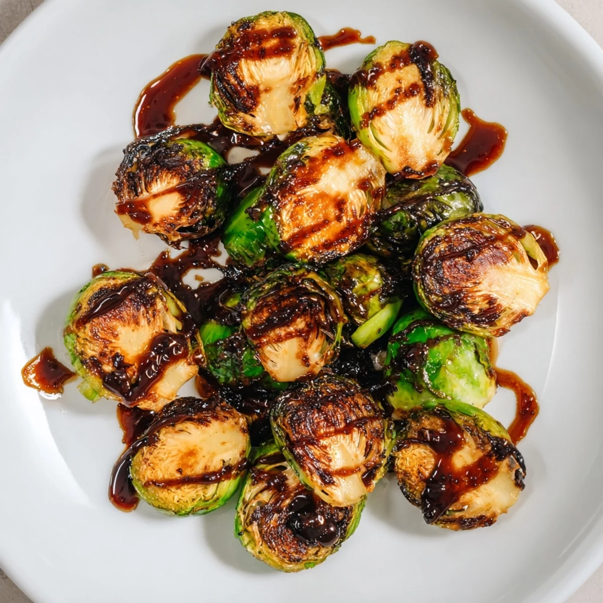 Roasted Brussels Sprouts With Balsamic glisten on a platter, drizzled with glossy balsamic reduction for a sweet-tangy finish.