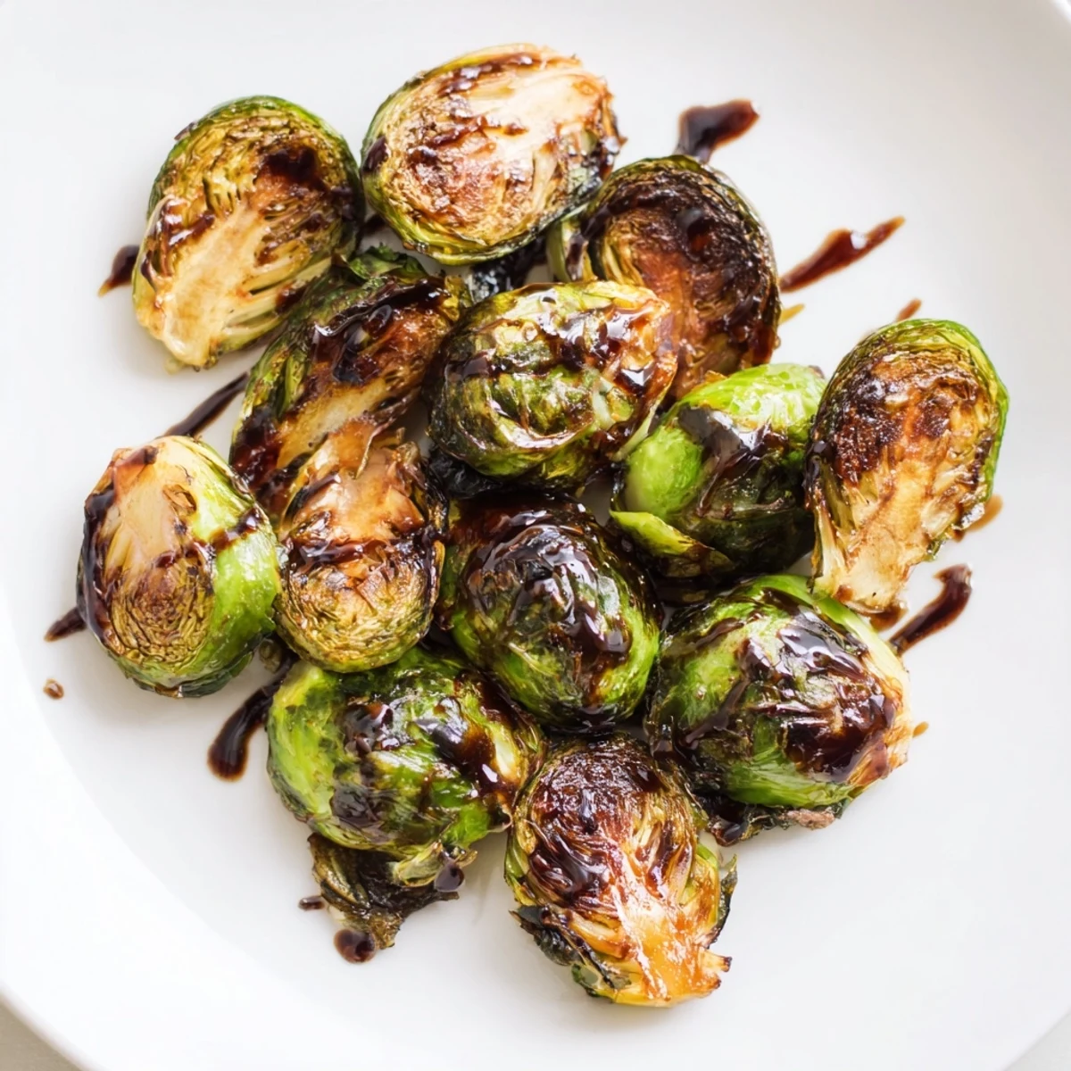 Caramelized Roasted Brussels Sprouts With Balsamic sit warm on a serving dish, finished with a rich, tangy balsamic glaze.