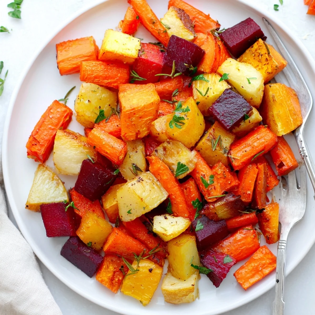 Caramelized roasted root vegetable medley, featuring golden carrots and parsnips on a rustic baking sheet with fresh thyme.  