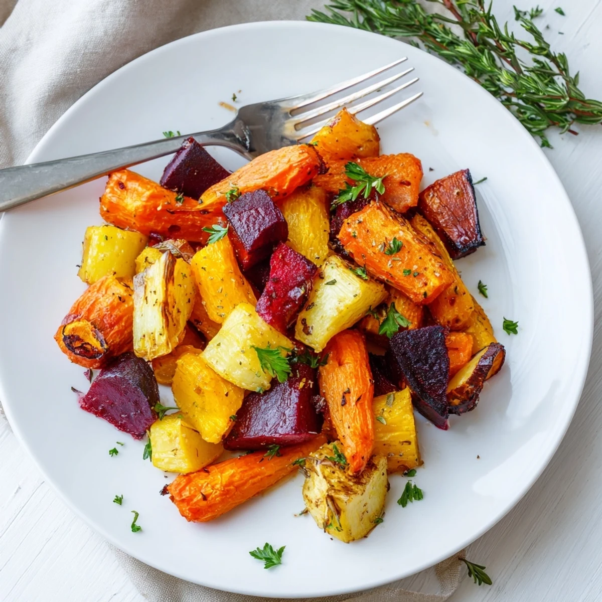A vibrant bowl of roasted root vegetable medley, garnished with parsley, ready to serve as a warm side dish.  